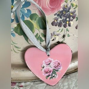 Pink ceramic Heart Ornament Rose Floral Design silver ribbon shabby cottagecore